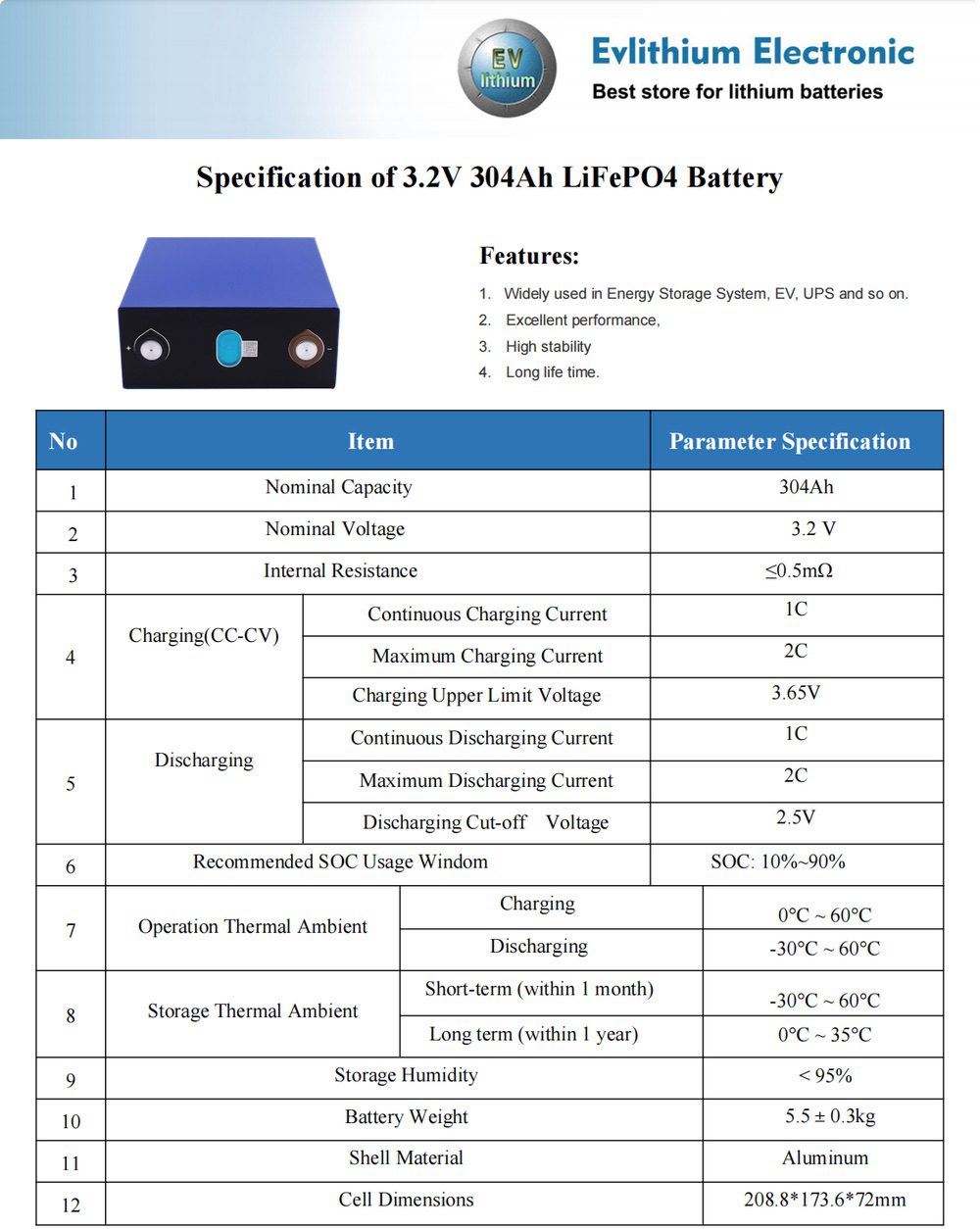 Specification-EVE 304Ah