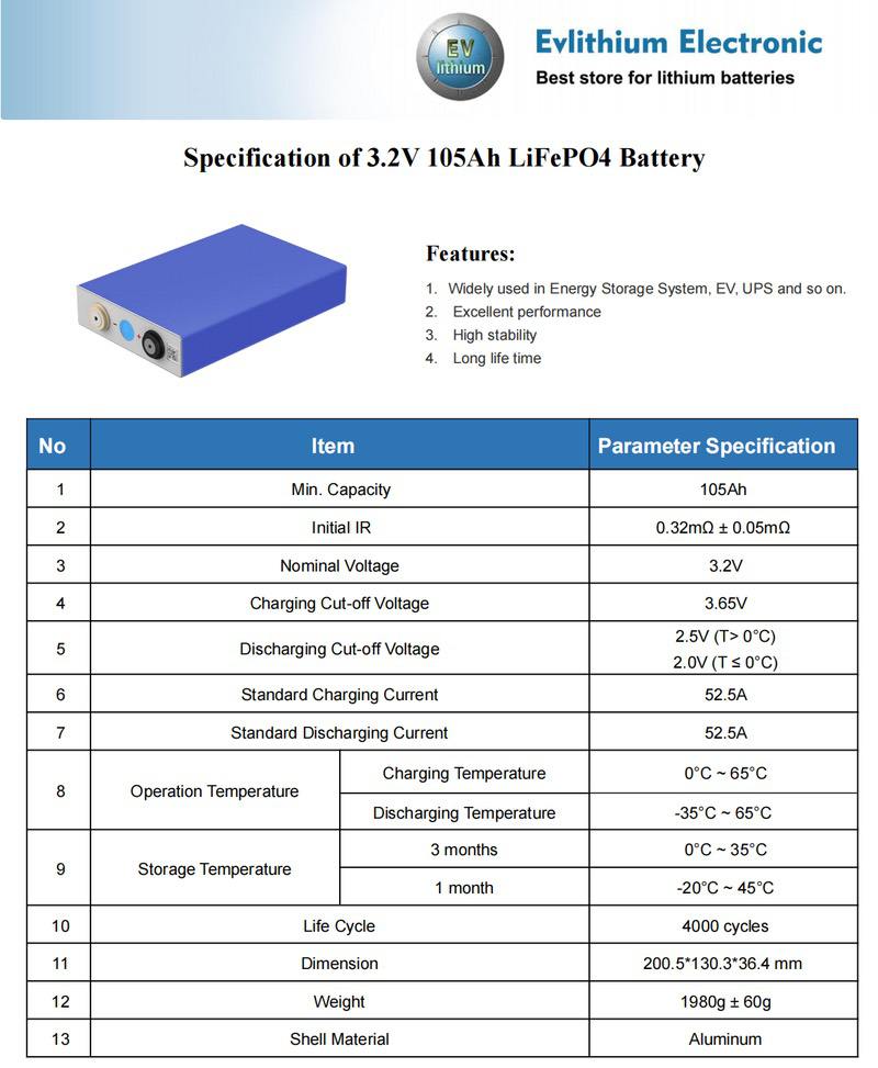 3.2V 105Ah LiFePO4 Cell